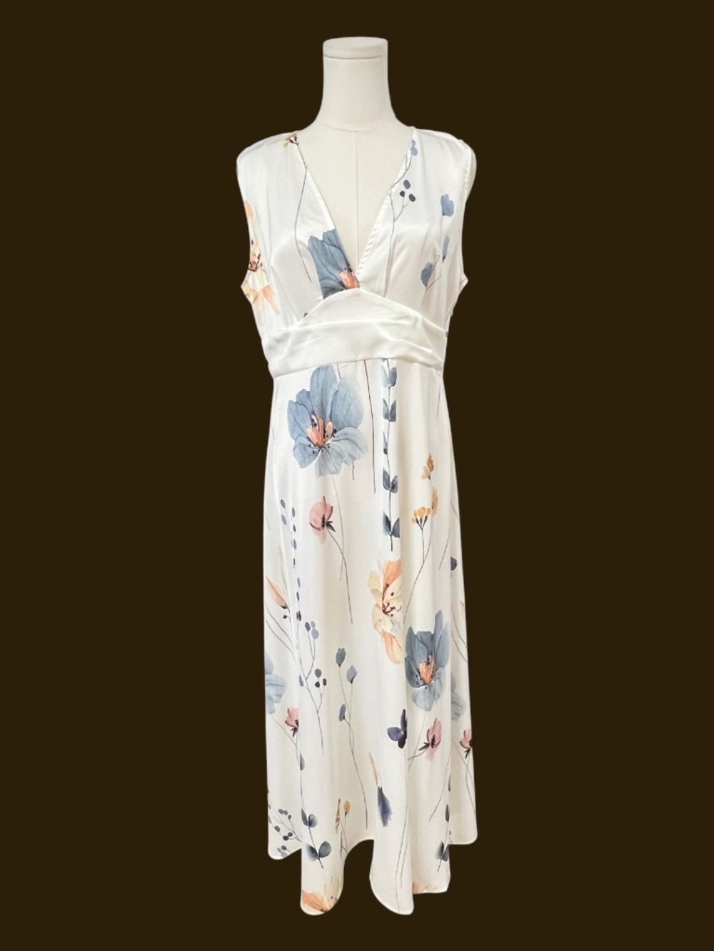 NWOT Boho Floral Maxi Dress Pastel Blue Peach Yellow Empire Waist | Size L